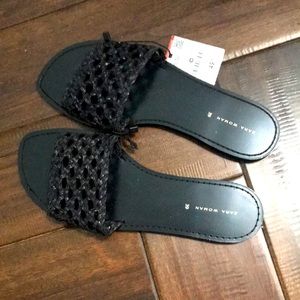 Zara Woven Leather Black Slides, Size 39